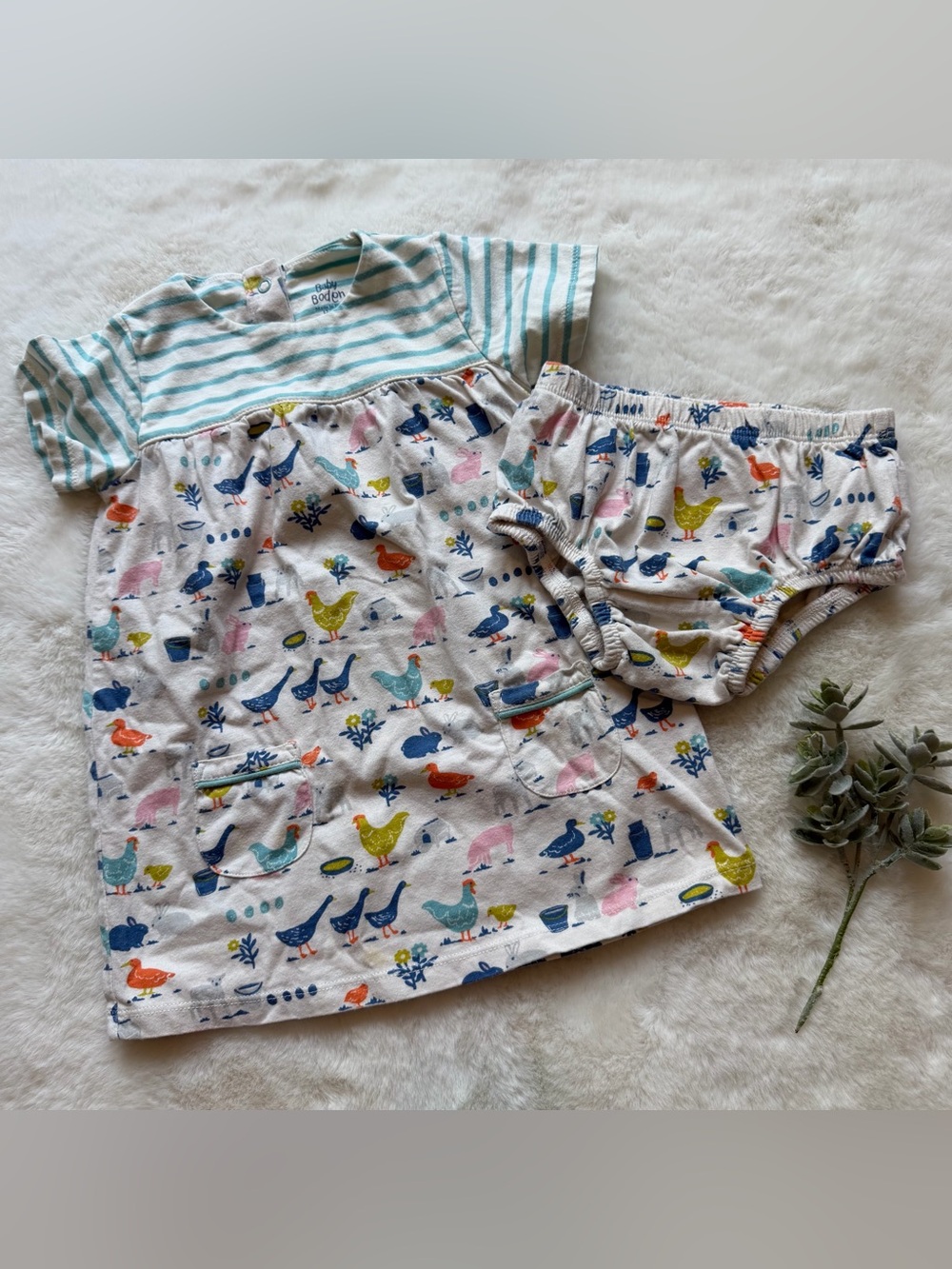 Baby Boden | GUC - Striped Chicken Print Dress Set - Size 12/18 Months